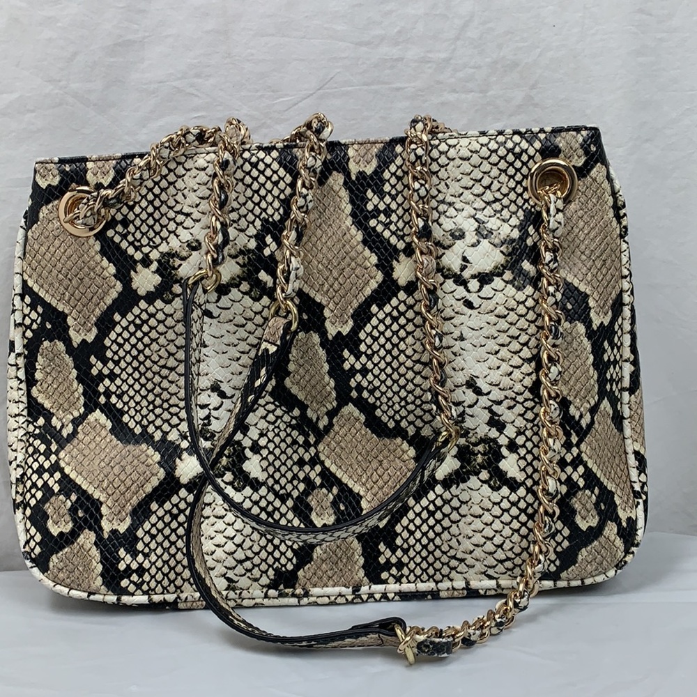 INC Purse Shoulder Bag Tan Vegan Snake Faux Reptile Large Chain Zippered Satchel - Picture 3 of 16